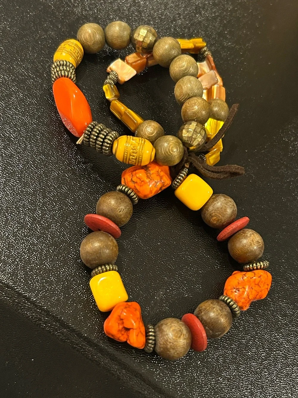 Boho Earth Tone Eclectic Mixed Bead 3-Piece Bracelet Set Orange Brown Yellow